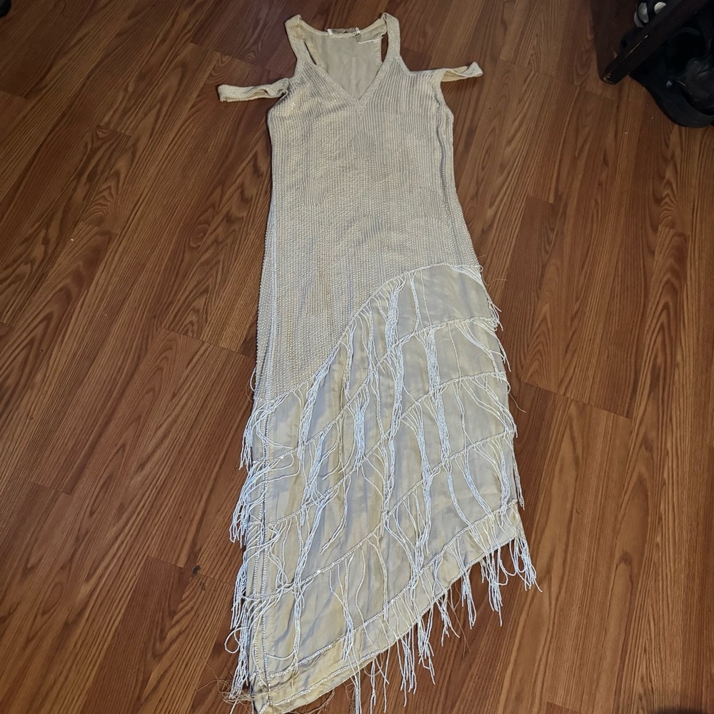 Lord & Taylor Vintage Ivory Fringe Beaded Gown Gatsby Retro Cold Shoulder Gown